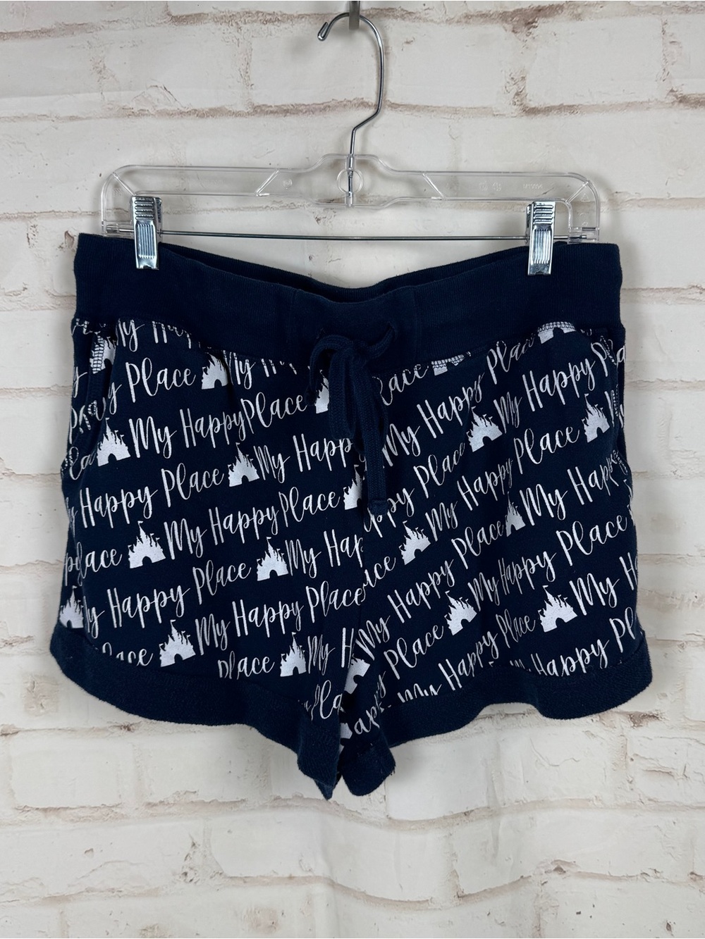 Disney Parks Shorts Womens L Blue Fleece My Happy Place Drawstring Disneyland